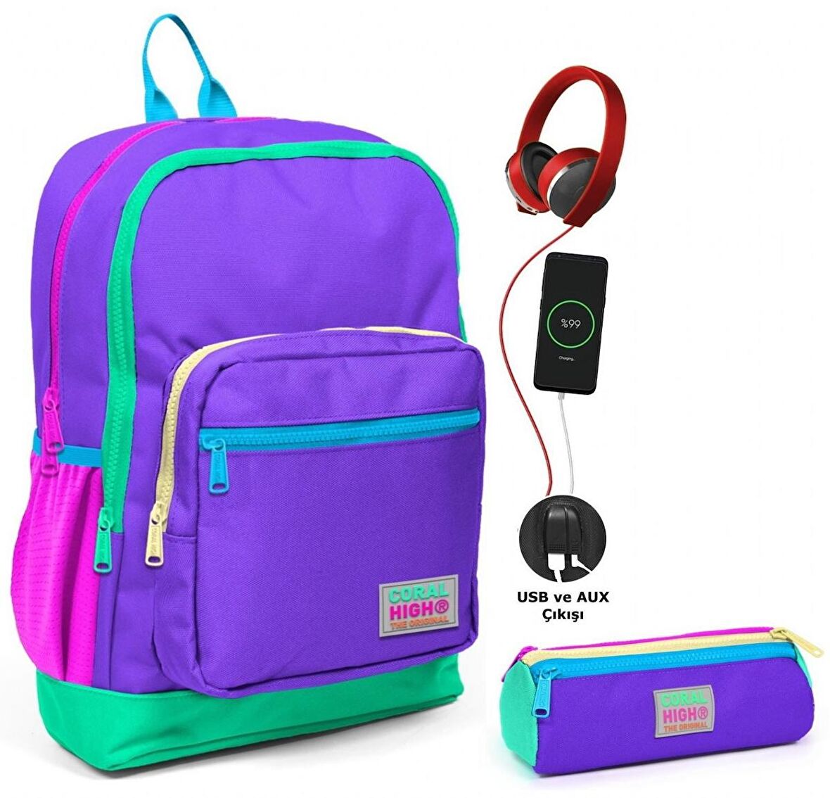 Coral High Mor USB Soketli Okul Çantası ve Kalemlik Seti - Kız Çocuk