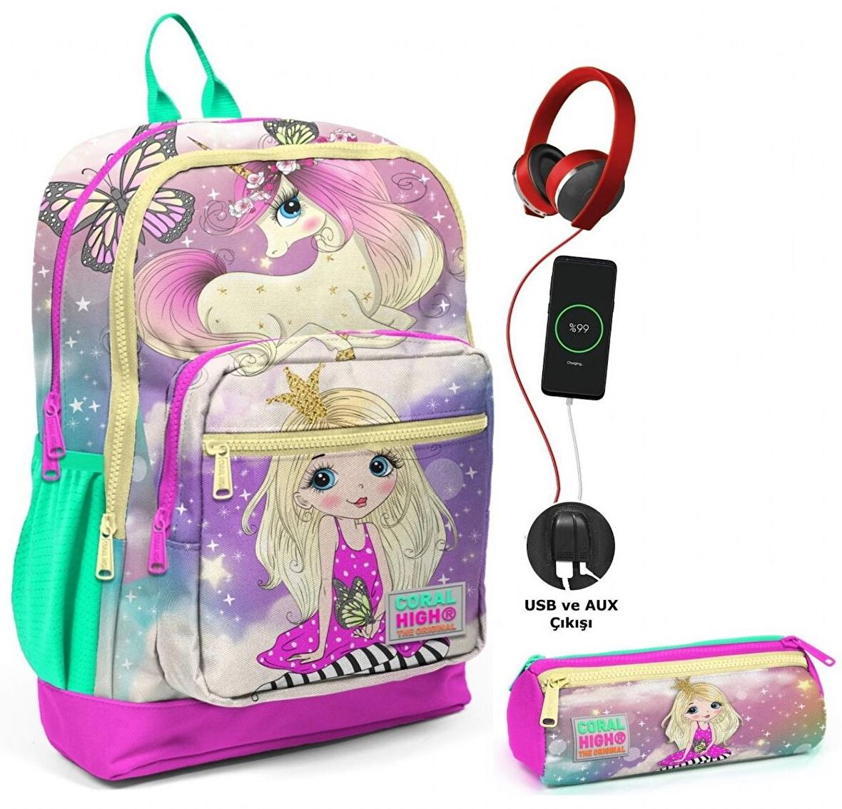 Coral High Su Yeşili Unicorn USB Soketli Okul Çantası ve Kalemlik Seti - Kız Çocuk