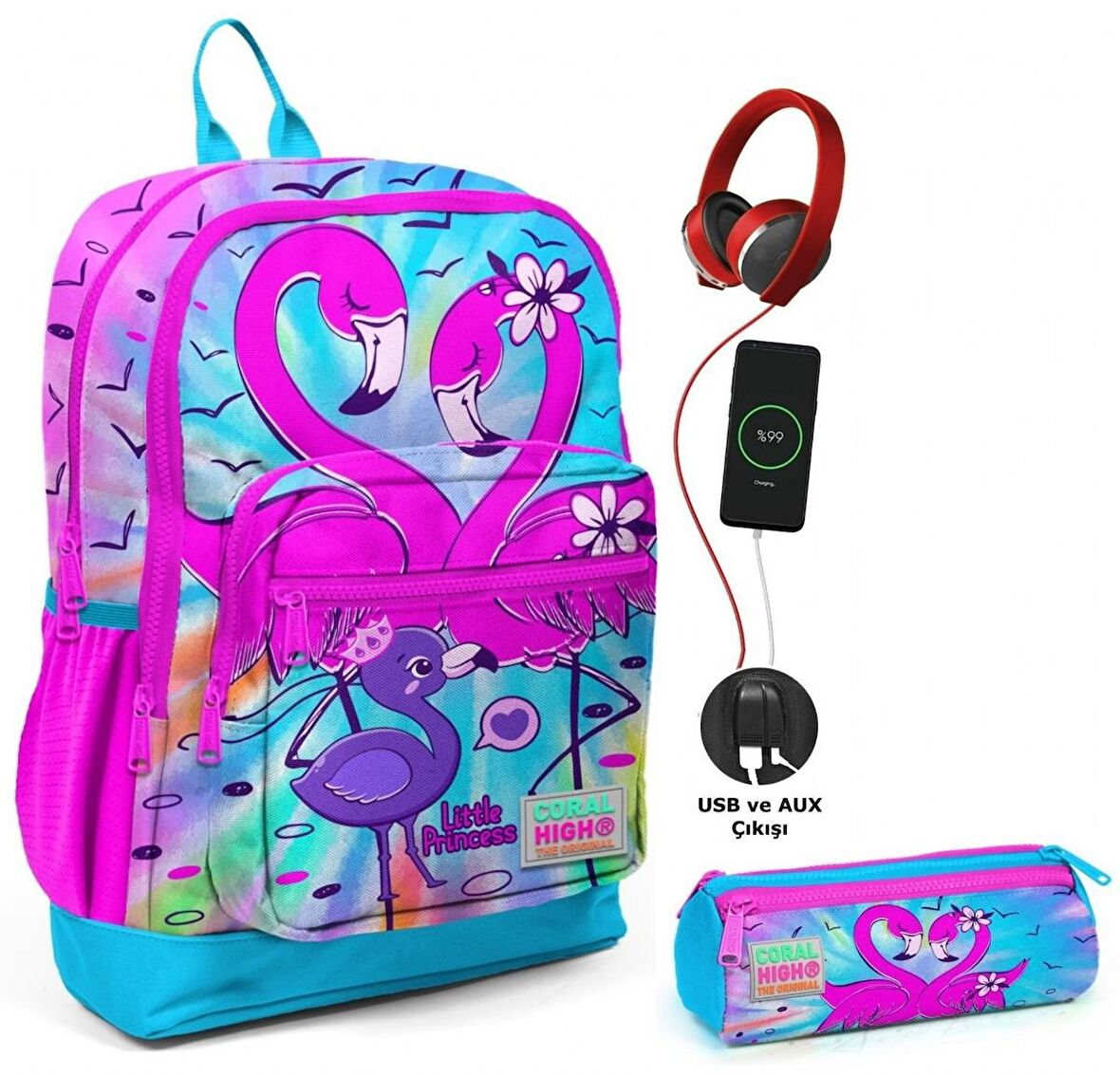 Coral High Mavi Pembe Flamingo USB Soketli Okul Çantası ve Kalemlik Seti - Kız Çocuk