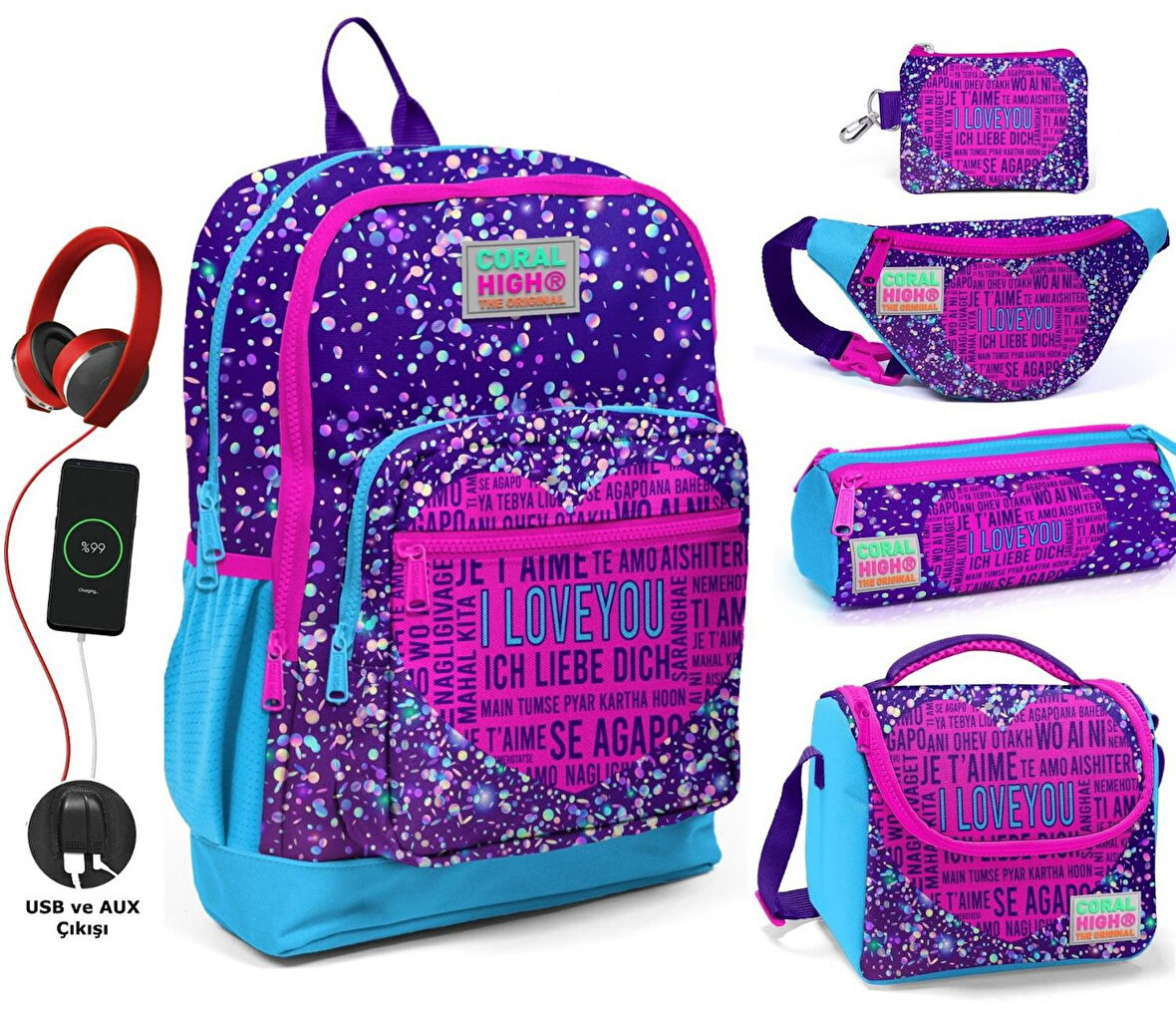 Coral High Mor Mavi Kalp USB Soketli Beşli Okul Çantası Seti - Kız Çocuk