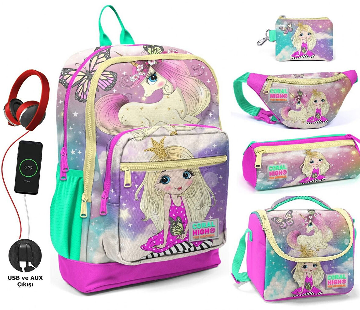 Coral High Su Yeşili Unicorn USB Soketli Beşli Okul Çantası Seti - Kız Çocuk