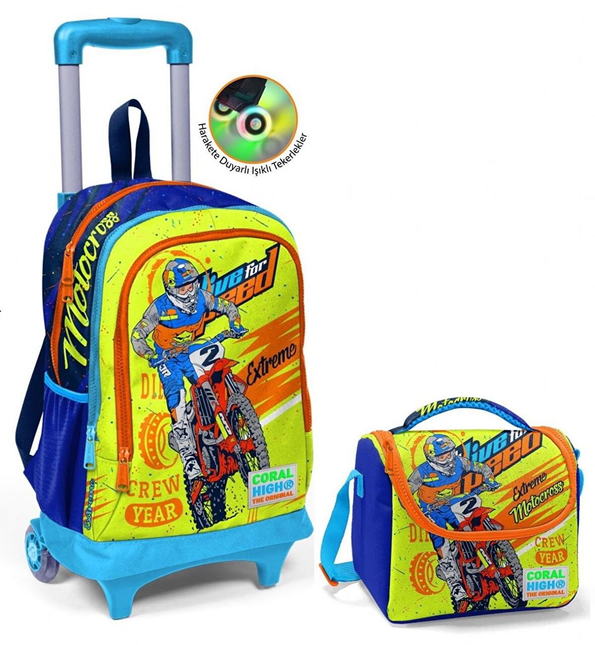Coral High Sarı Mavi Motorsiklet Çekçek Okul Çantası ve Beslenme Seti - Işıklı Tekerlekler - Erkek Çocuk