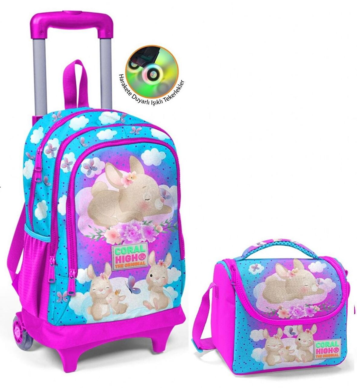 Coral High Pembe Mavi Tavşan Çekçek Okul Çantası ve Beslenme Seti - Işıklı Tekerlekler - Kız Çocuk