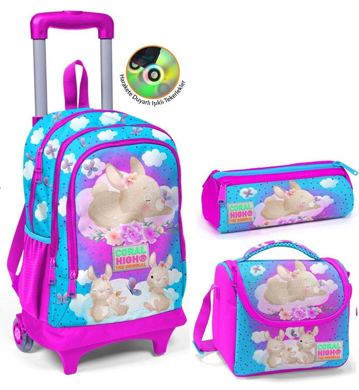 Coral High Pembe Mavi Tavşan Çekçek Okul Çantası Seti - Işıklı Tekerlekler - Kız Çocuk