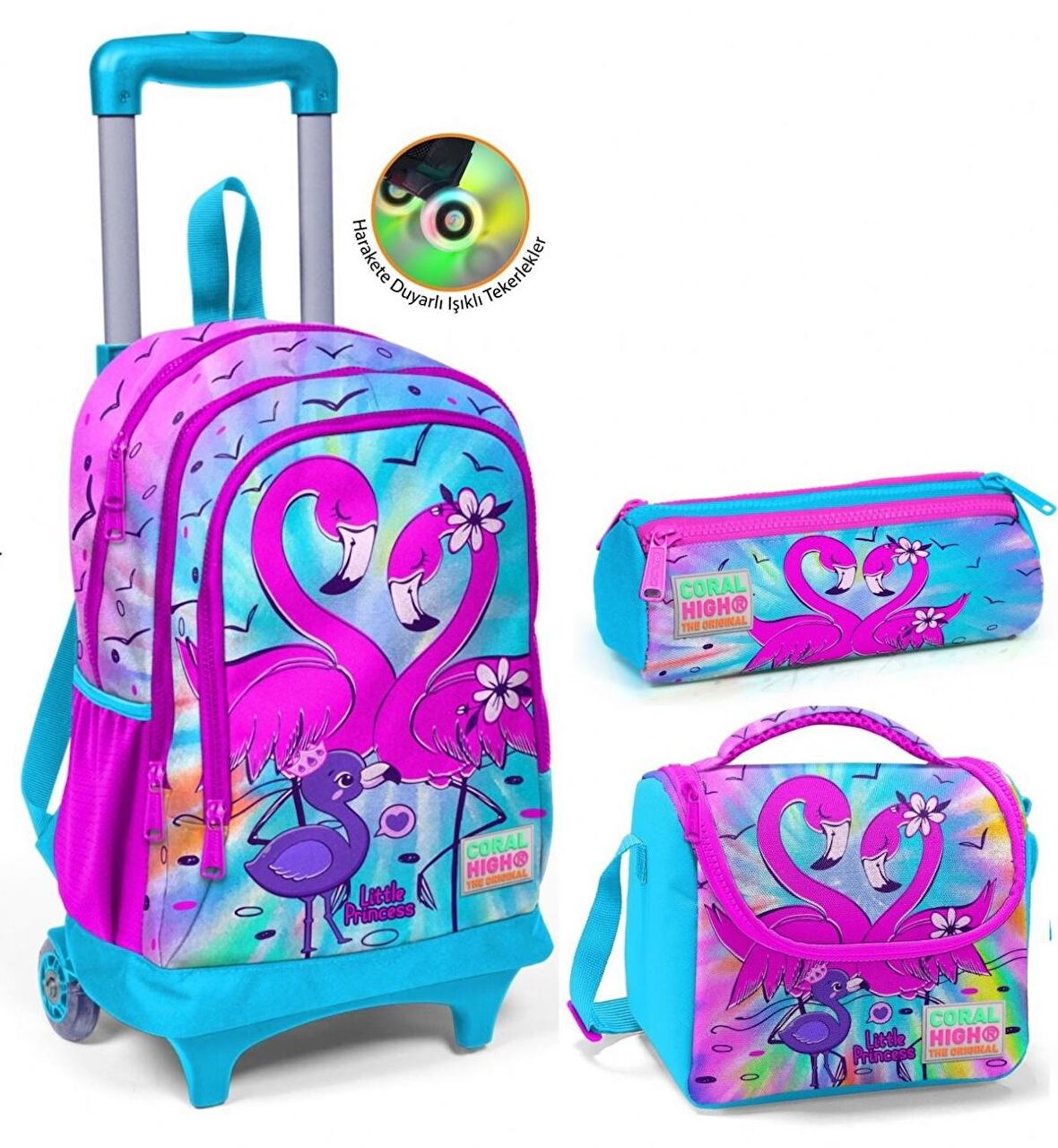 Coral High Mavi Pembe Flamingo Çekçek Okul Çantası Seti - Işıklı Tekerlekler - Kız Çocuk