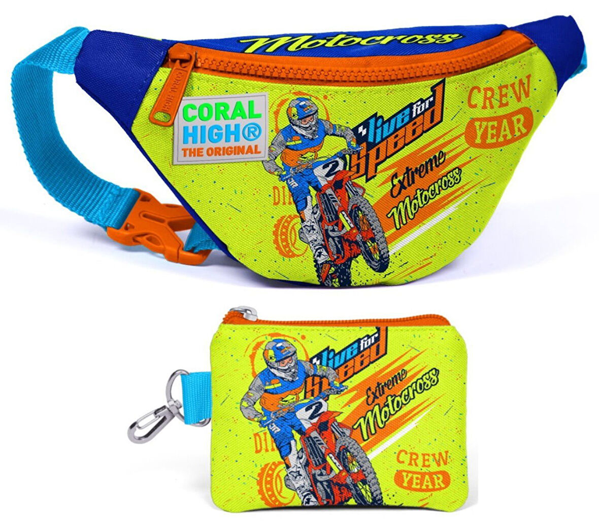 Coral High Sarı Mavi Motorsiklet Bel Çantası ve Bozuk Para Çantası Seti - Erkek Çocuk