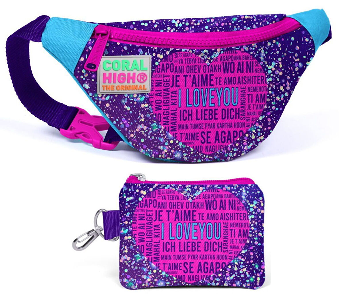 Coral High Mor Mavi Kalp Bel Çantası ve Bozuk Para Çantası Seti - Kız Çocuk