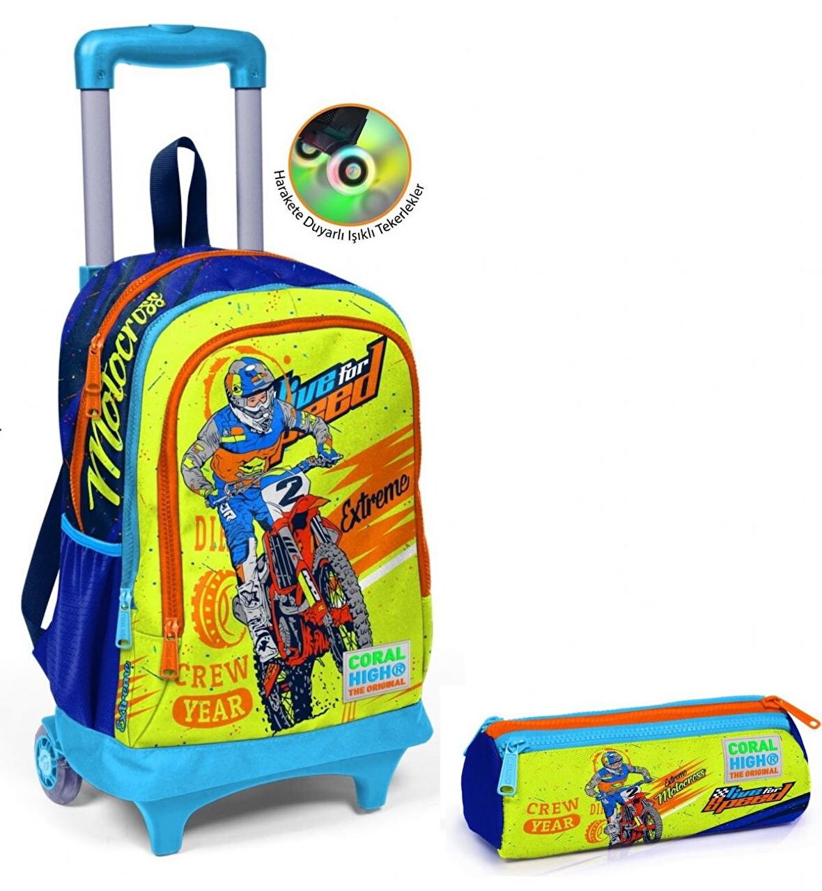 Coral High Erkek Çocuk Lacivert Motorsiklet Tekerlekli Okul Çantası ve Kalemlik Seti
