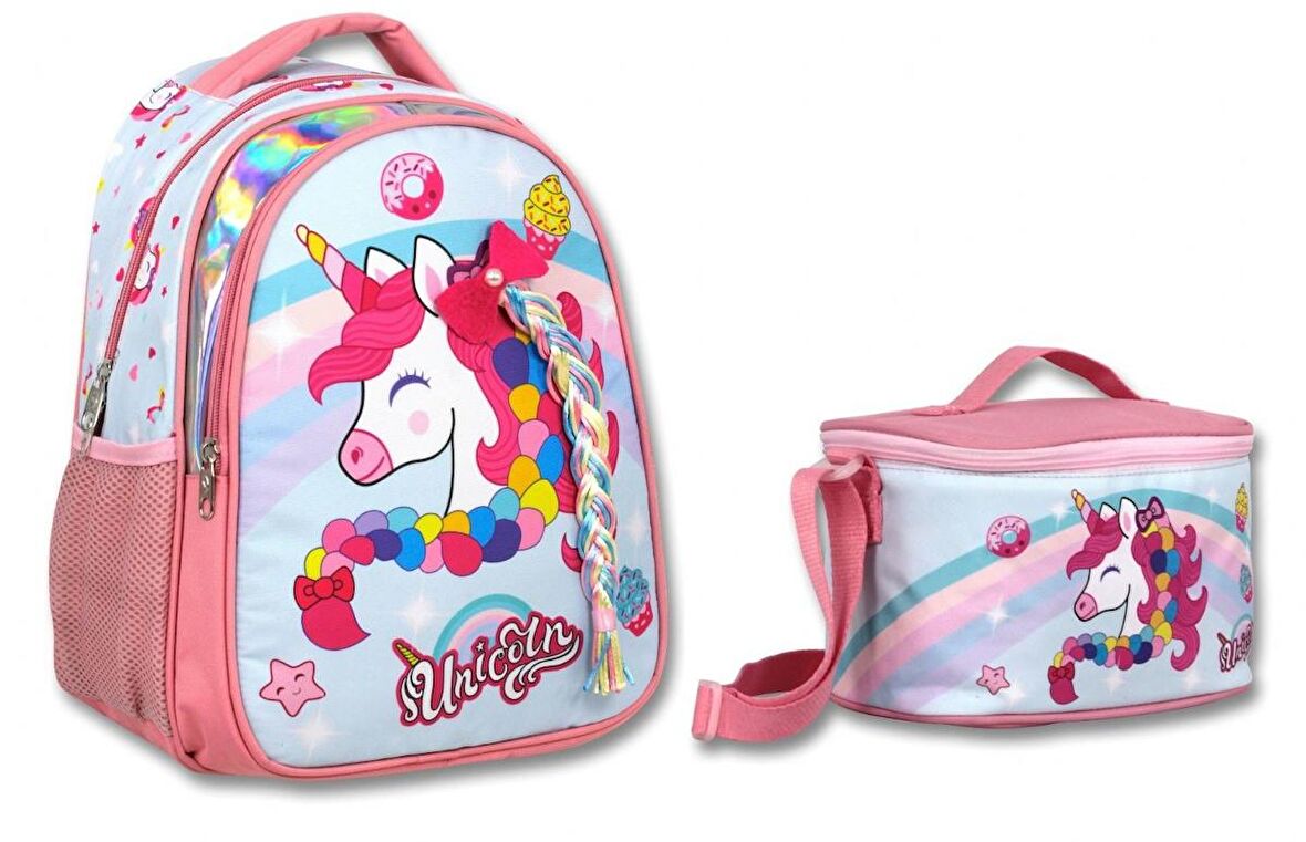Cennec Pembe Renkli Unicorn İlkokul Sırt Çantası ve Beslenme Çantası Seti - Kız Çocuk