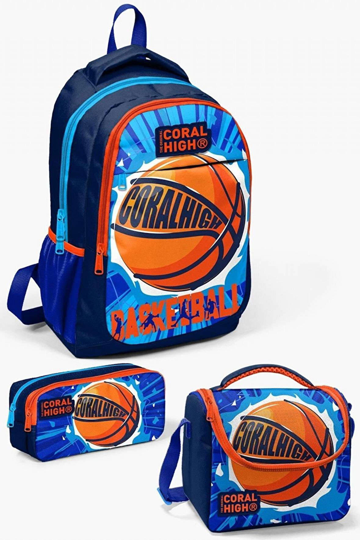 Coral High Kids Lacivert Mavi Basketbol Desenli 3’lü Okul Çanta Seti - Erkek Çocuk