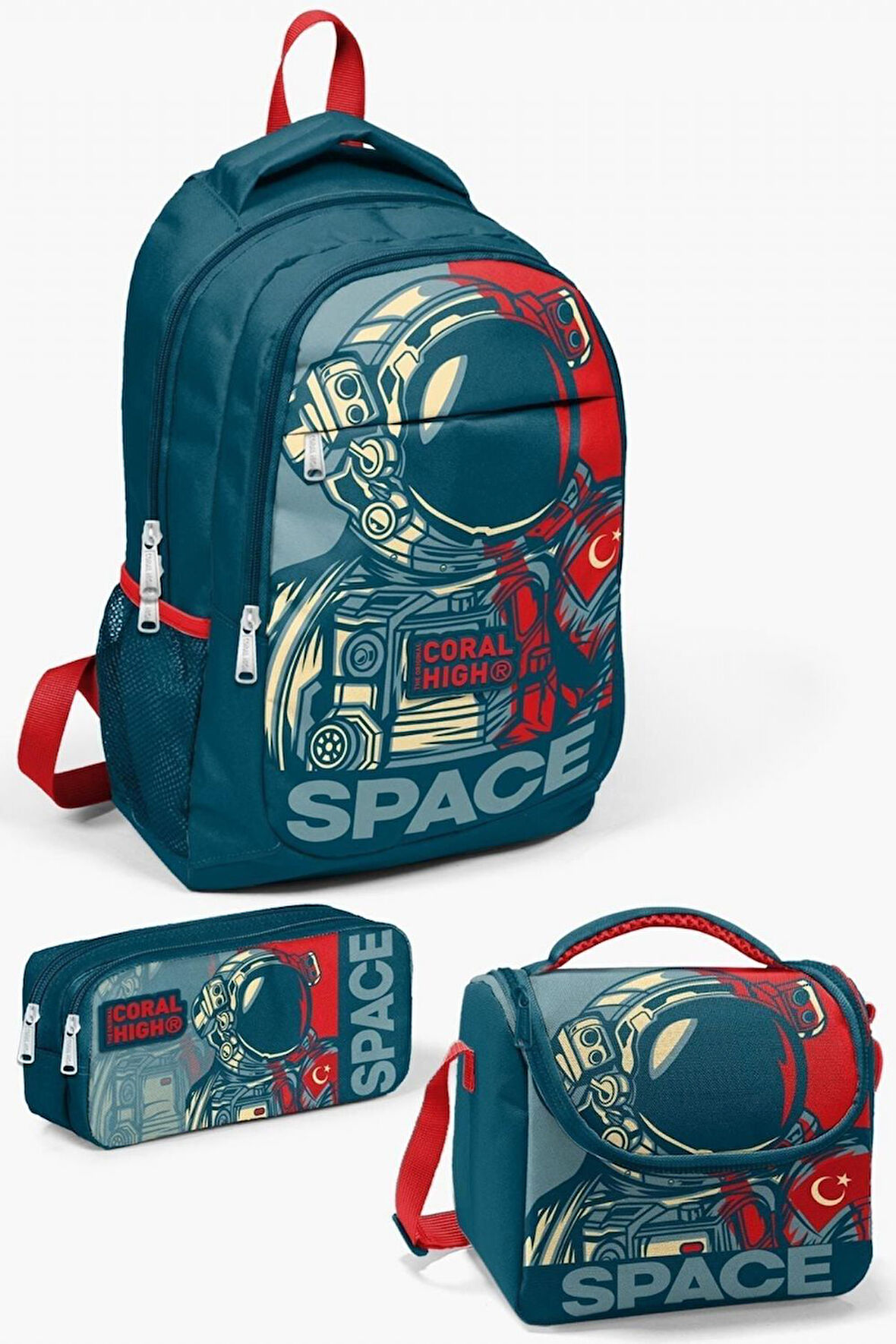 Coral High Kids Çivit Kırmızı Astronot Desenli 3’lü Okul Çanta Seti - Erkek Çocuk İlkokul Çanta Takımı