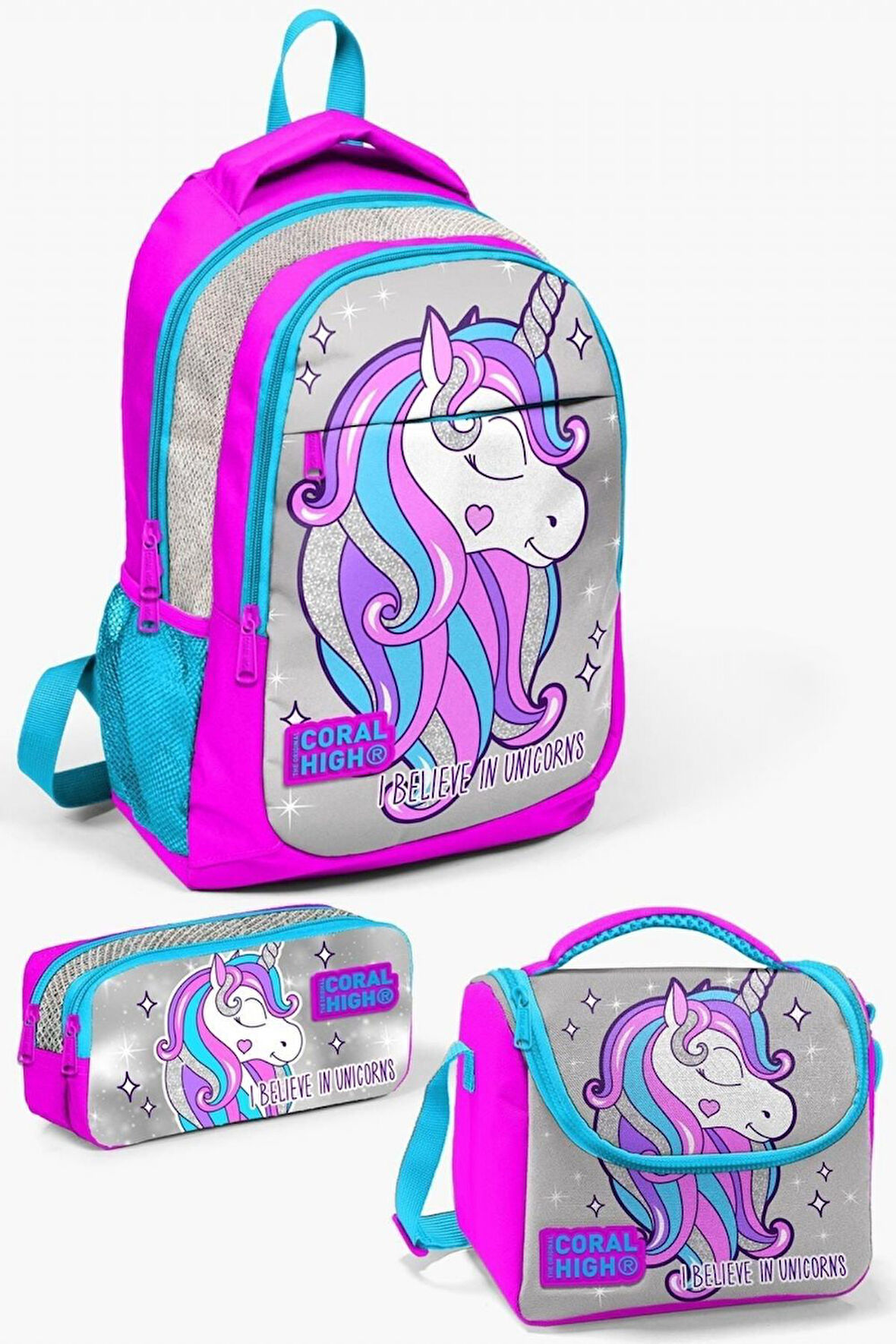 Coral High Kids Pembe Gümüş Simli Unicorn Desenli 3’lü Okul Çanta Seti - Kız Çocuk