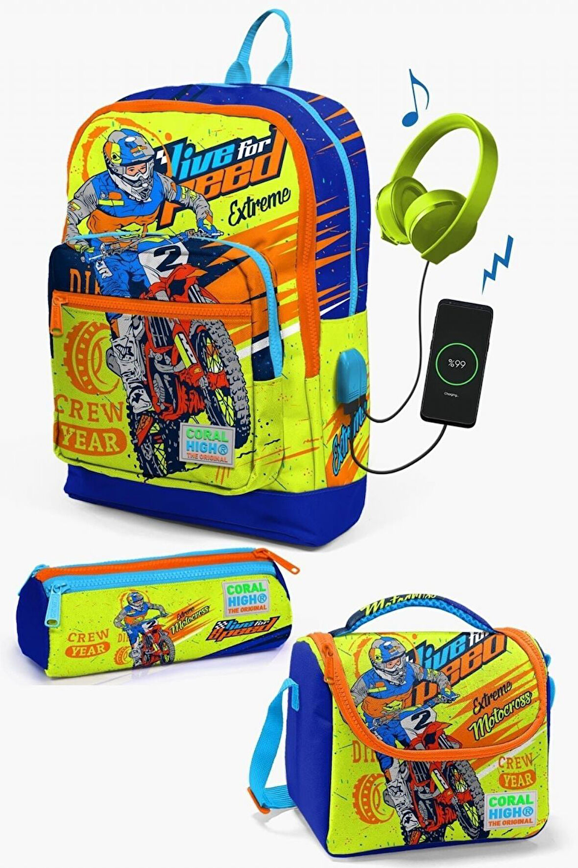 Coral High Kids Fosforlu Sarı Saks Motorsiklet Desenli USB'li 3’lü Okul Çanta Seti - Erkek Çocuk