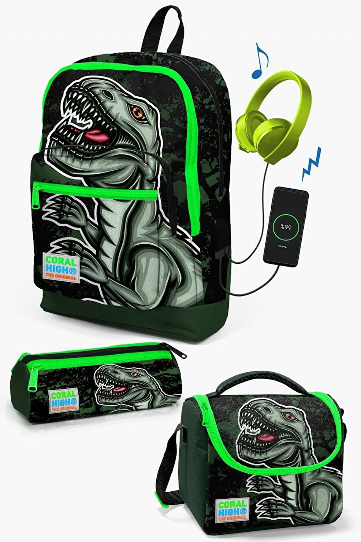 Coral High Kids Koyu Yeşil Siyah Dinazor Desenli USB'li 3’lü Okul Çanta Seti - Erkek Çocuk