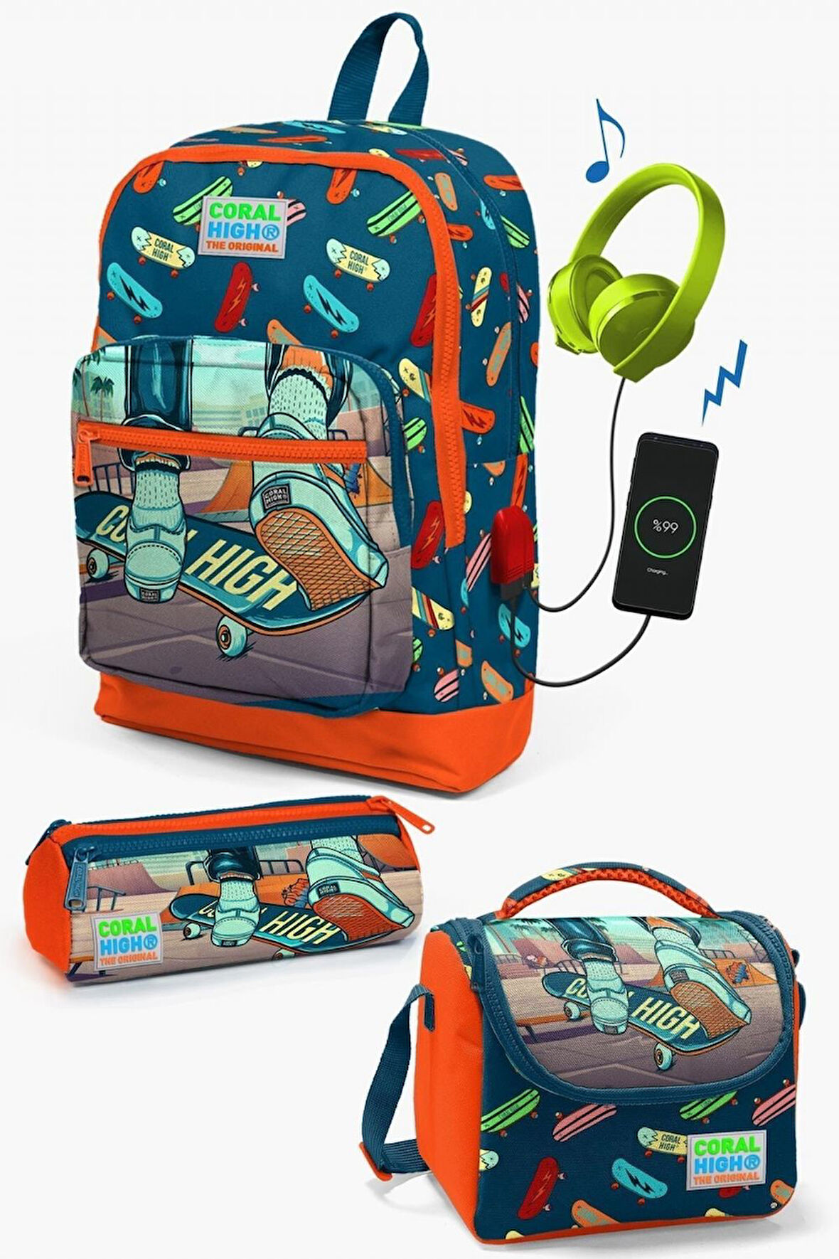 Coral High Kids Civit Neon Turuncu Kaykay Desenli USB Girişli 3’lü Okul Çanta Seti - Erkek Çocuk