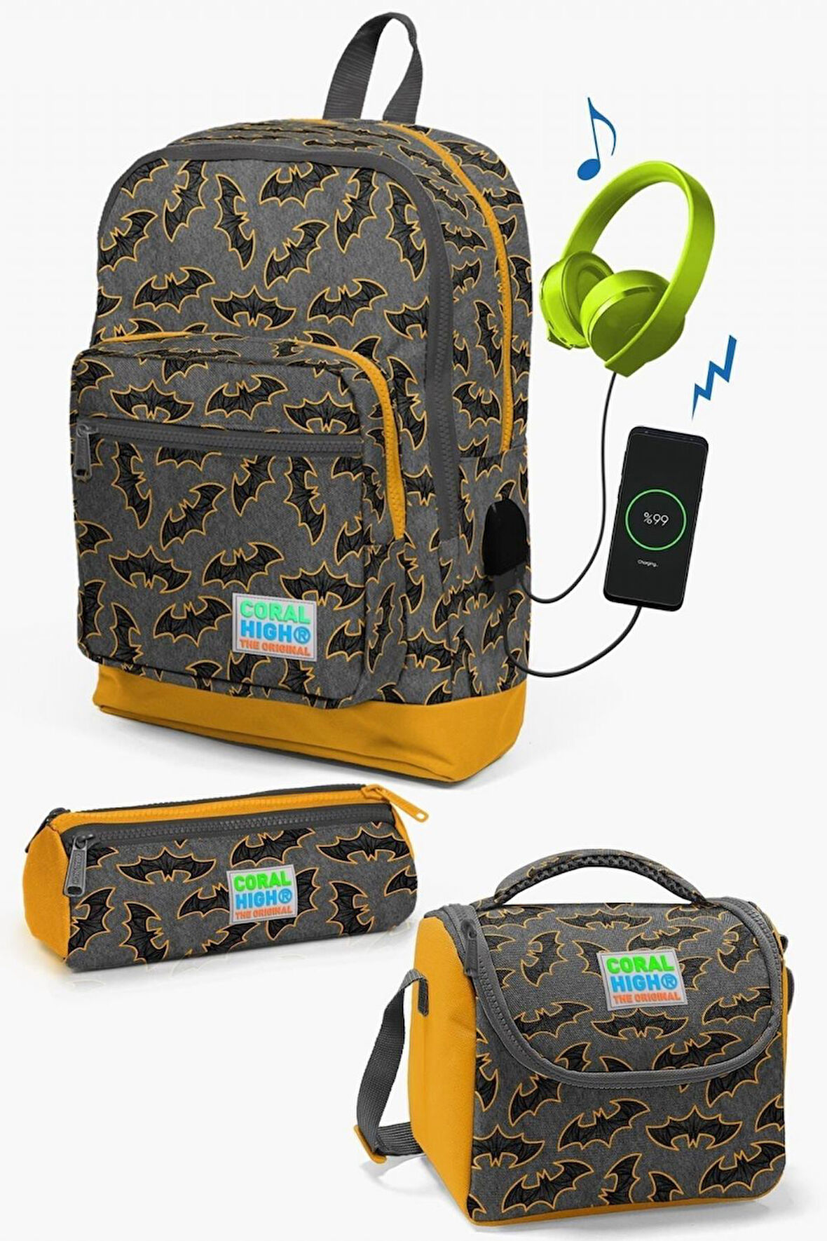 Coral High Kids Koyu Gri Hardal Yarasa Desenli USB'li 3’lü Okul Çanta Seti - Erkek Çocuk