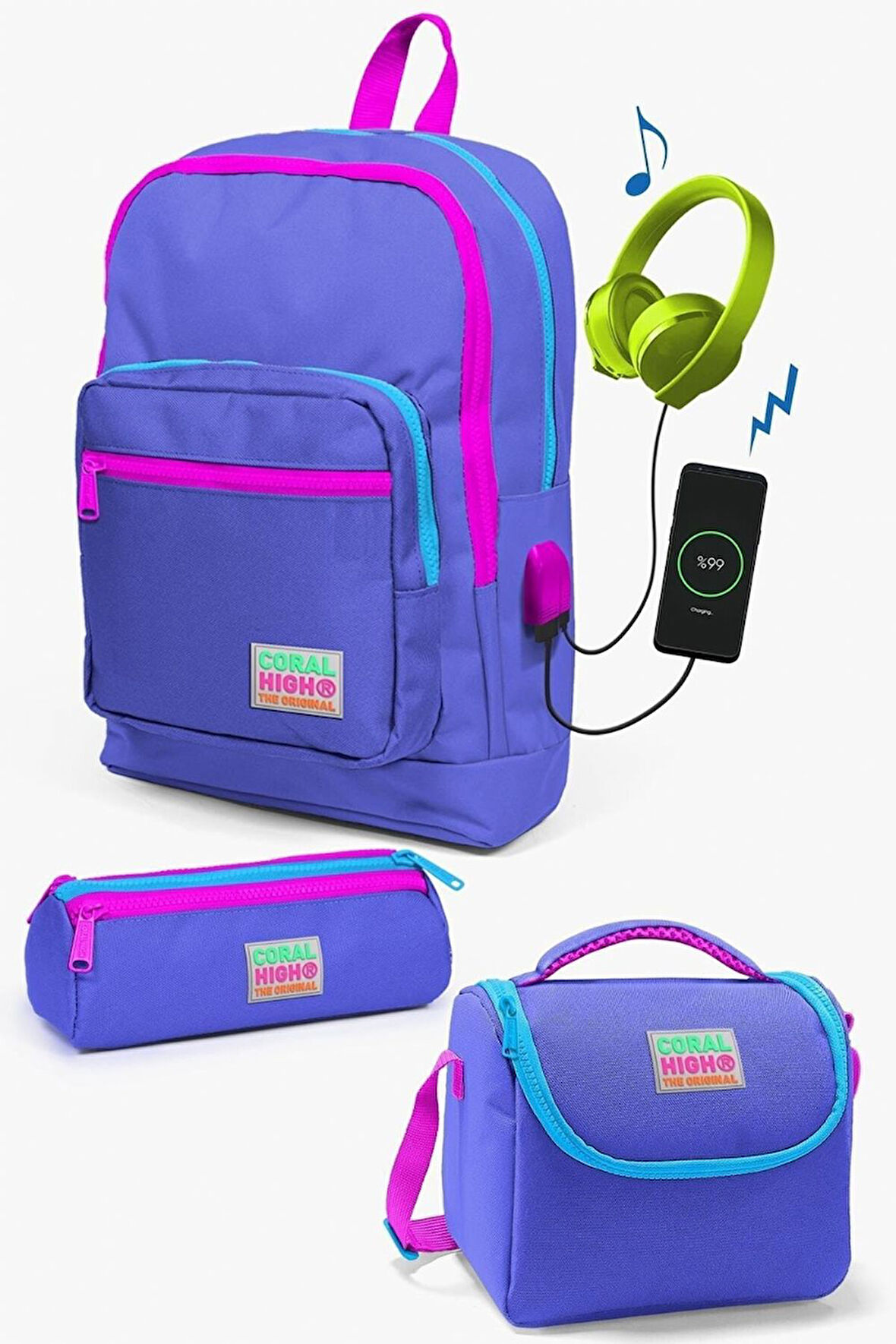 Coral High Kids Lavanta USB'li 3’lü Okul Çanta Seti - Kız Çocuk İlkokul Çanta Takımı