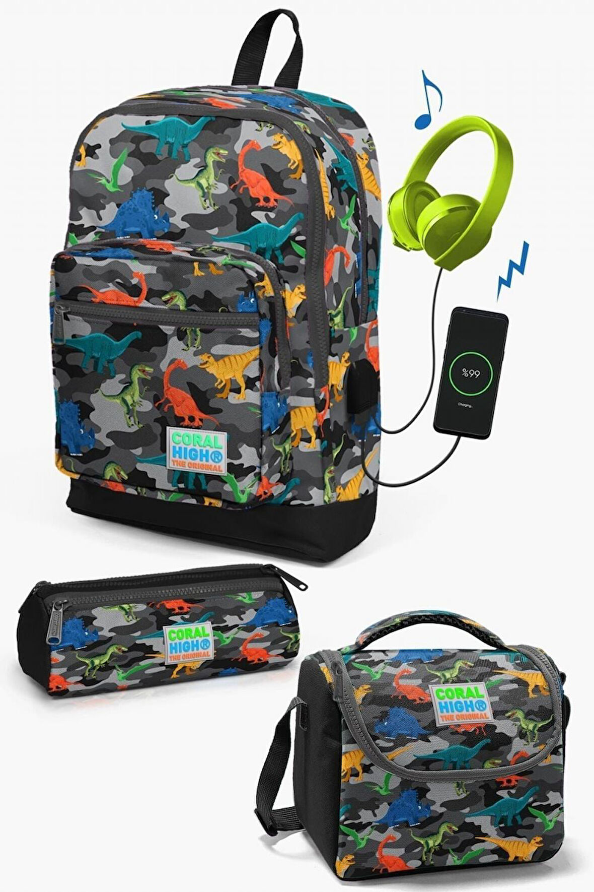 Coral High Kids Koyu Gri Siyah Kamuflaj Dinozor Desenli USB'li 3’lü Okul Çanta Seti - Erkek Çocuk
