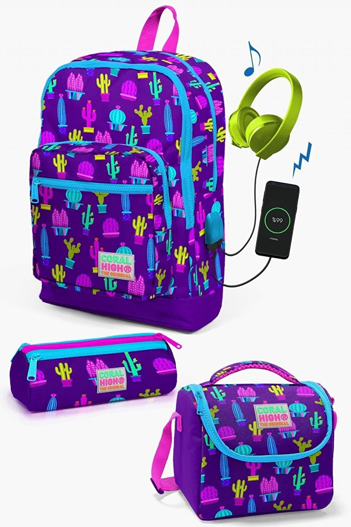 Coral High Kids Mor Pembe Kaktüs Desenli USB'li 3’lü Okul Çanta Seti - Kız Çocuk