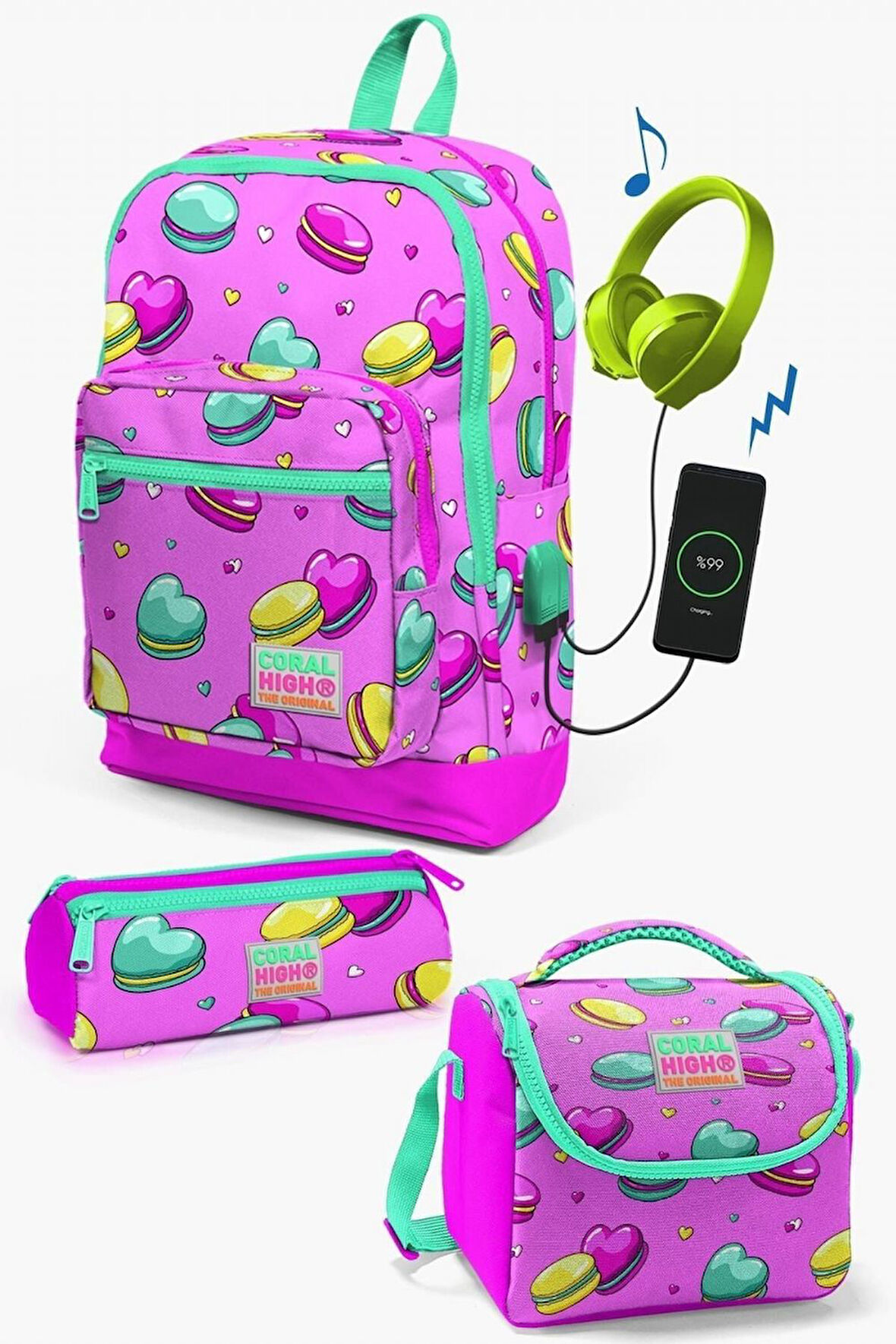 Coral High Kids Açık Pembe Su Yeşili Makaron Desenli USB'li 3’lü Okul Çanta Seti - Kız Çocuk