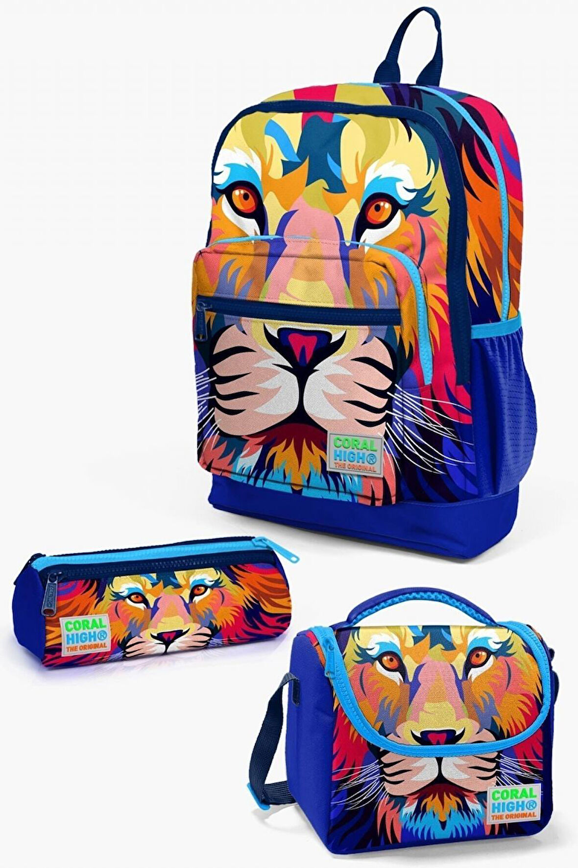 Coral High Kids Lacivert Saks Aslan Desenli 3’lü Okul Çanta Seti - Erkek Çocuk