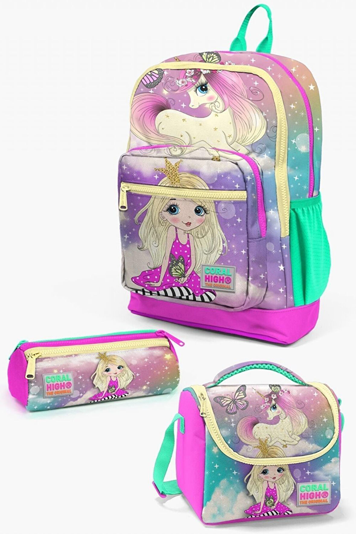 Coral High Kids Pembe Su Yeşili Unicornlu Kız Desenli 3’lü Okul Çanta Seti - Kız Çocuk İlkokul