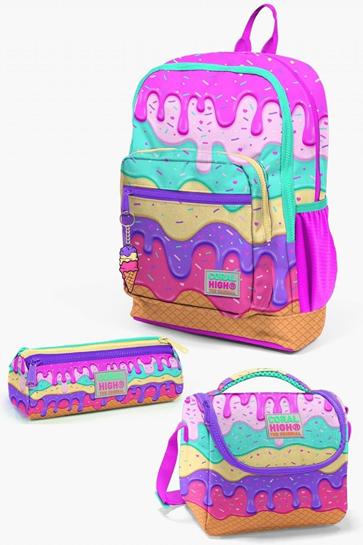 Coral High Kids Pembe Rengarenk Dondurma Desenli 3’lü Okul Çanta Seti - Kız Çocuk