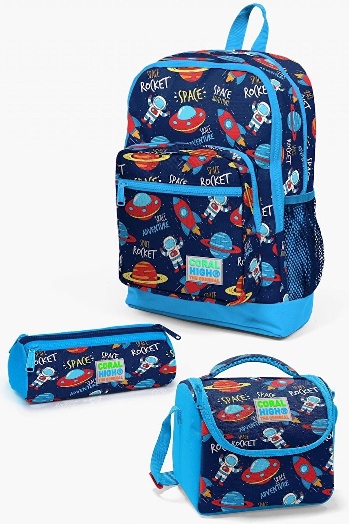 Coral High Kids Lacivert Mavi Uzay Desenli 3’lü Okul Çanta Seti - Erkek Çocuk