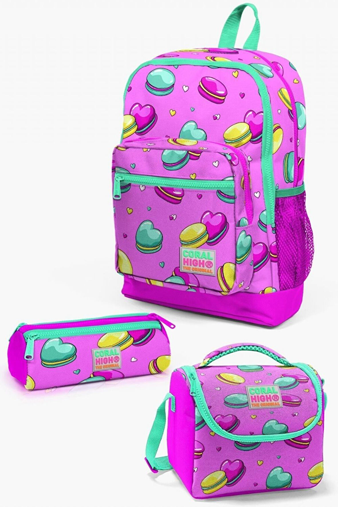 Coral High Kids Açık Pembe Su Yeşili Makaron Desenli 3’lü Okul Çanta Seti