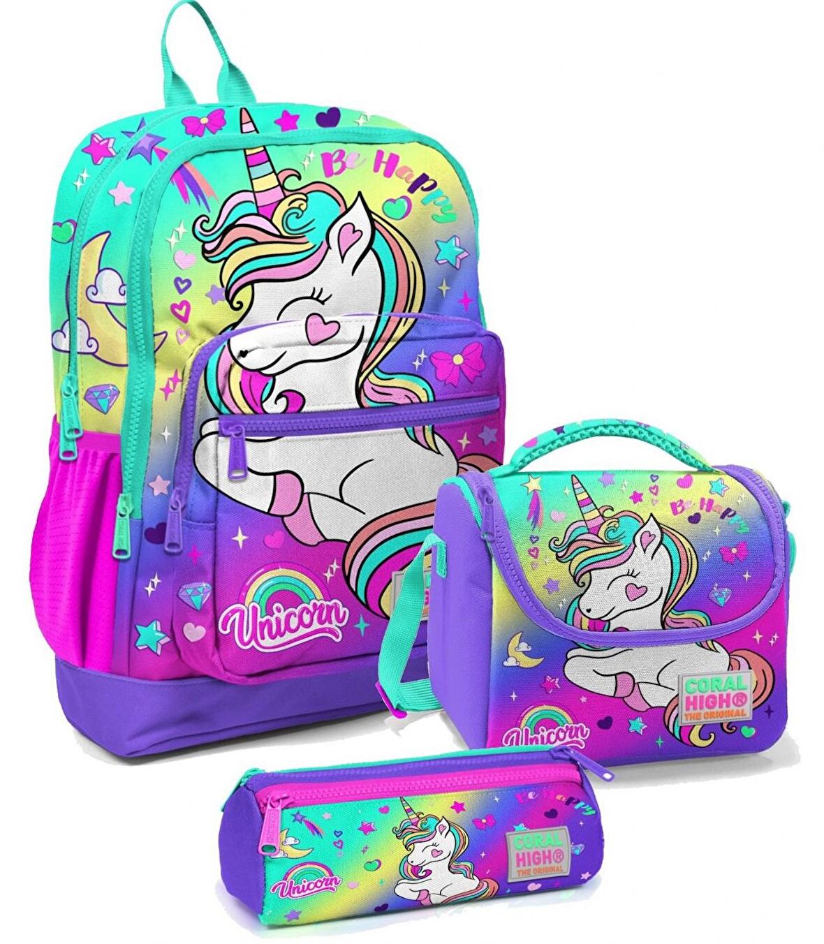 Coral High İlkokul Çantası Seti Su Yeşili Lavanta Unicorn - Kız Çocuk