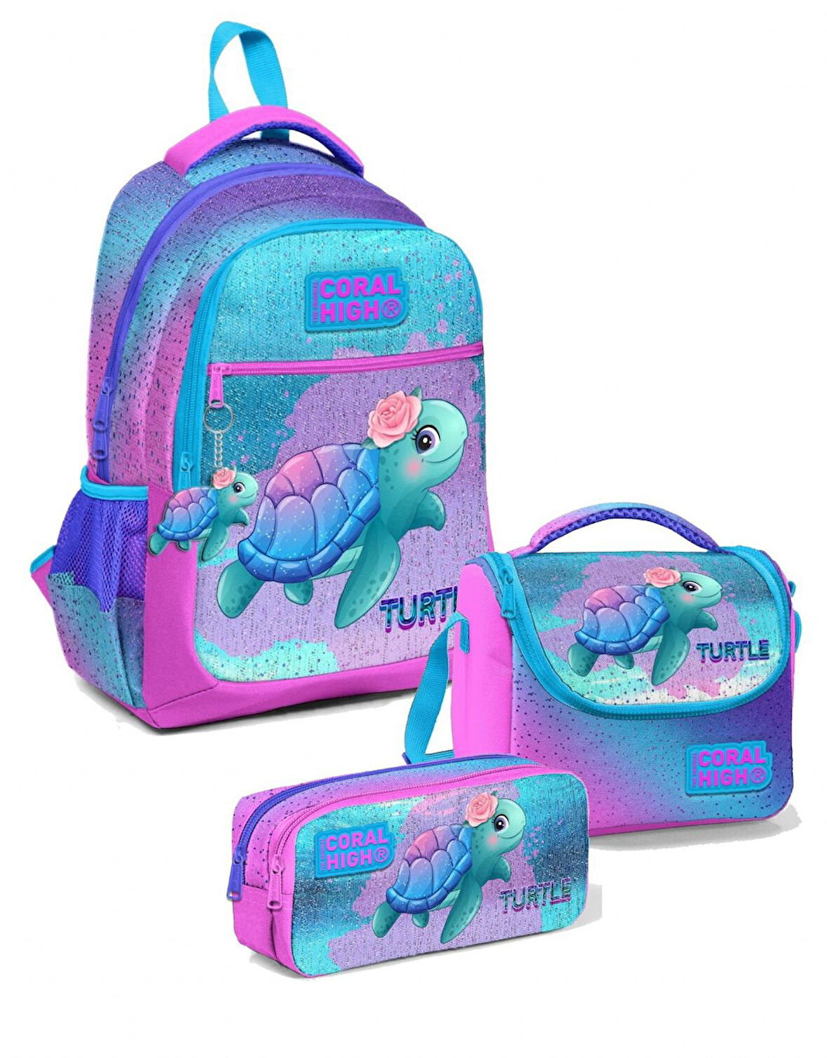 Coral High Kız Üç Bölmeli Okul Sırt Çantası Beslenme Çantası ve Kalemlik Seti Pembe Mavi Kaplumbağa