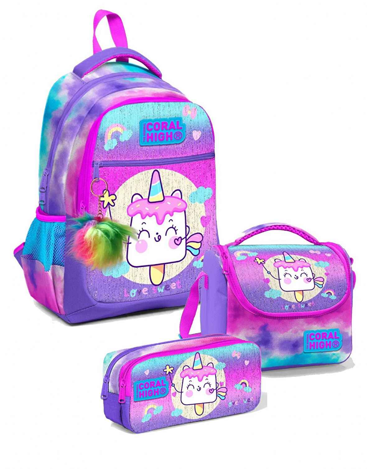 Coral High Kız Üç Bölmeli Okul Sırt Çantası Beslenme Çantası ve Kalemlik Seti Mor Pembe Dondurma