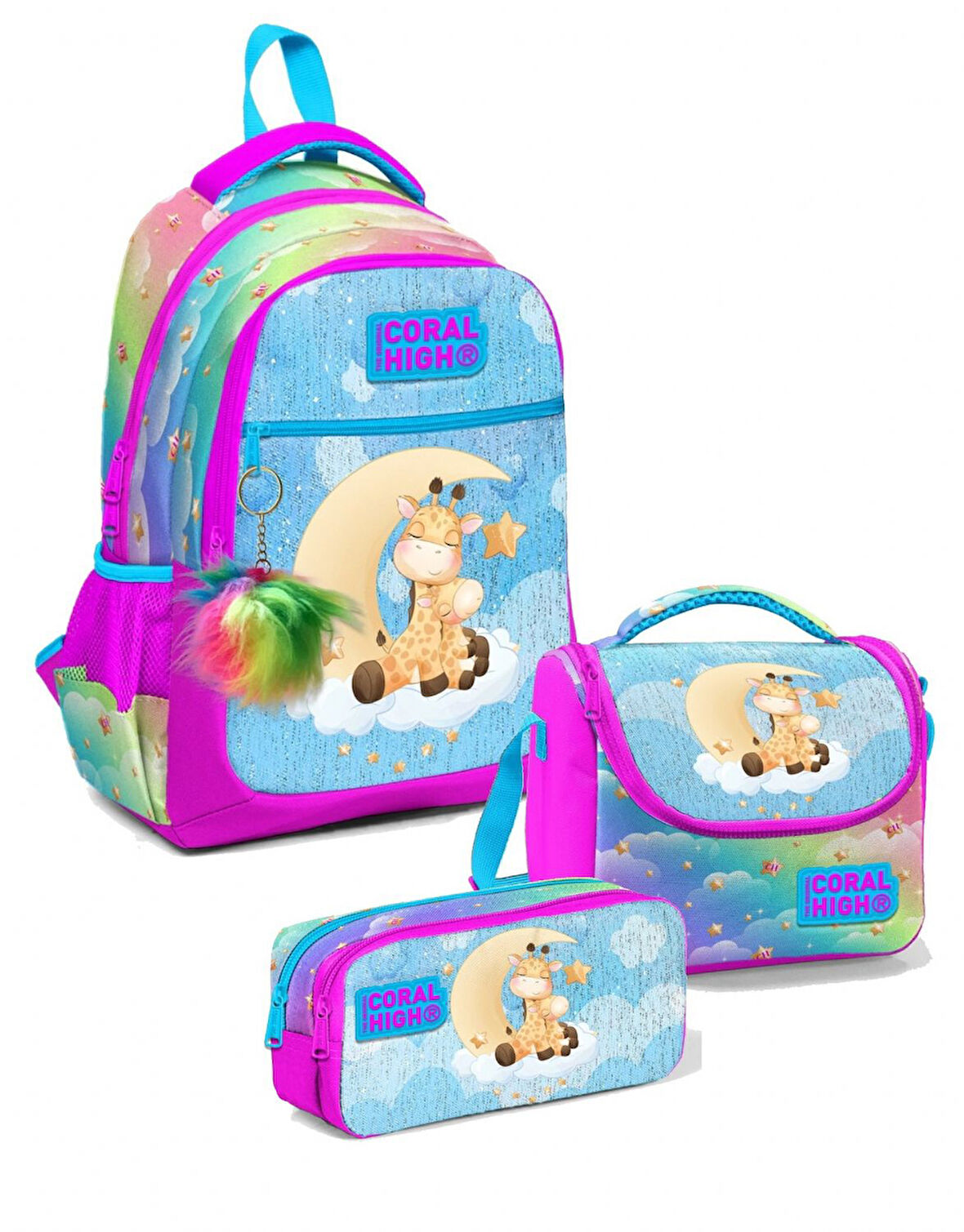Coral High Kız Üç Bölmeli Okul Sırt Çantası Beslenme Çantası ve Kalemlik Seti Mavi Pembe Zürafa