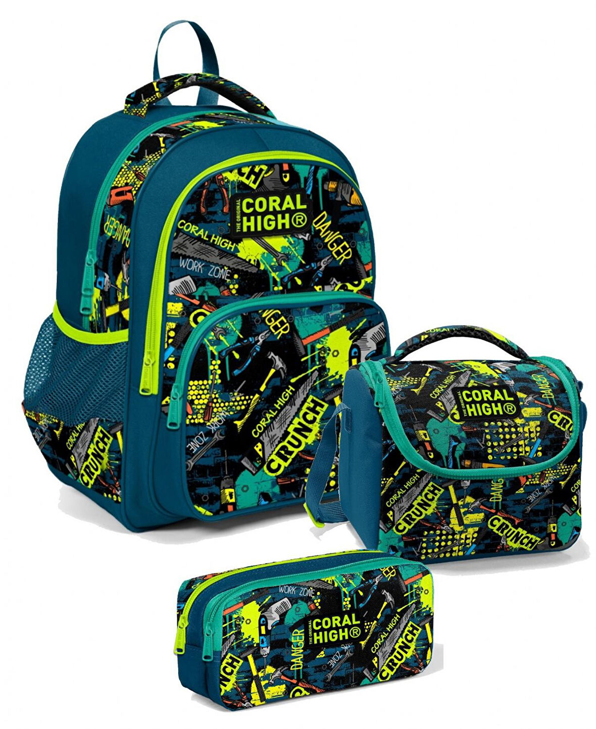 Coral High Üç Gözlü İlkokul Sırt Çantası Seti Yeşil Yazılı Erkek Çocuk
