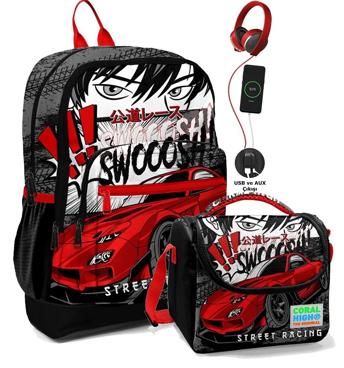 Coral High Okul Çantası ve Beslenme Çanta Seti - Usb Soketli - Siyah Kırmızı Araba Erkek Çocuk
