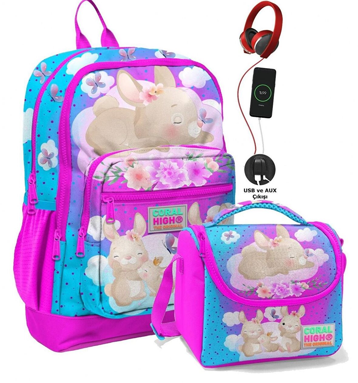Coral High Okul Çantası ve Beslenme Çanta Seti - Usb Soketli Pembe Mavi Tavşan Kız Çocuk