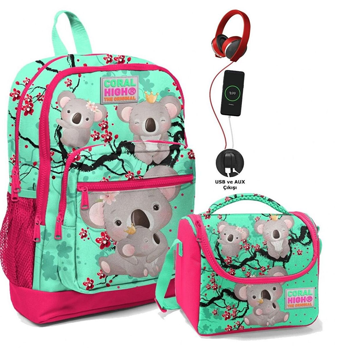 Coral High Okul Çantası ve Beslenme Çantası Seti - Kız Çocuk Yeşil Koala - USB Soketli