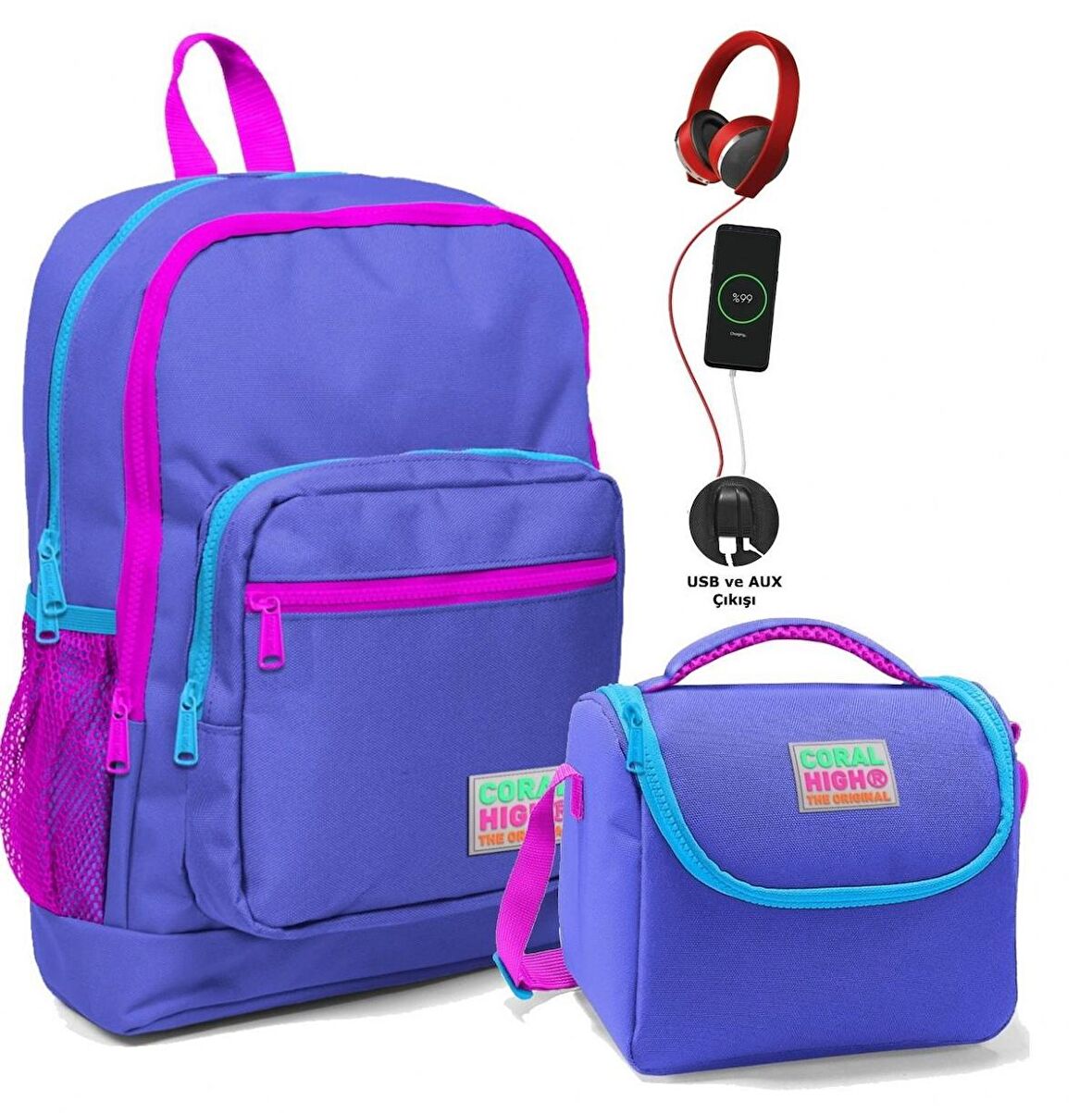 Coral High Okul Çantası ve Beslenme Çantası Seti - Kız Çocuk Mor - USB Soketli