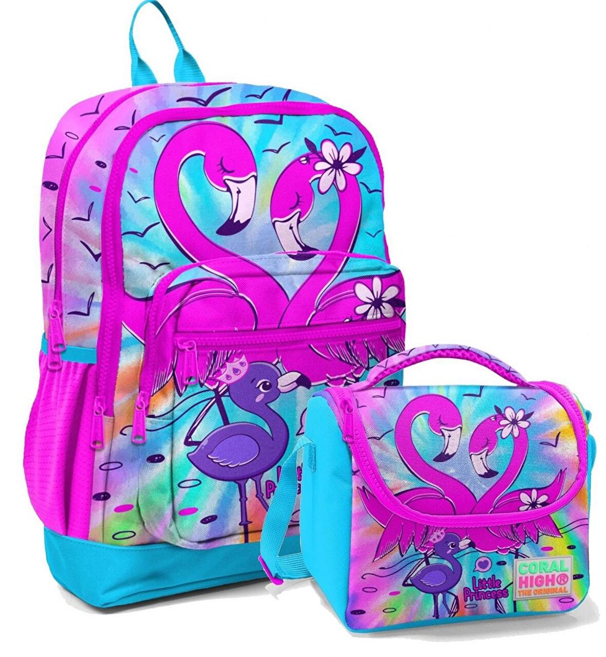 Coral High Mavi Pembe Flamingo Kız Çocuk İlköğretim Okul Sırt Çantası ve Beslenme Çanta Seti