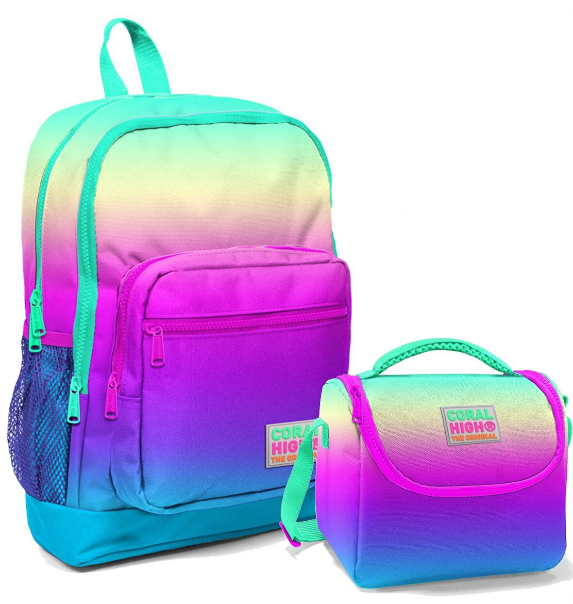 Coral High Rengarenk Kız Çocuk İlköğretim Okul Sırt Çantası ve Beslenme Çanta Seti