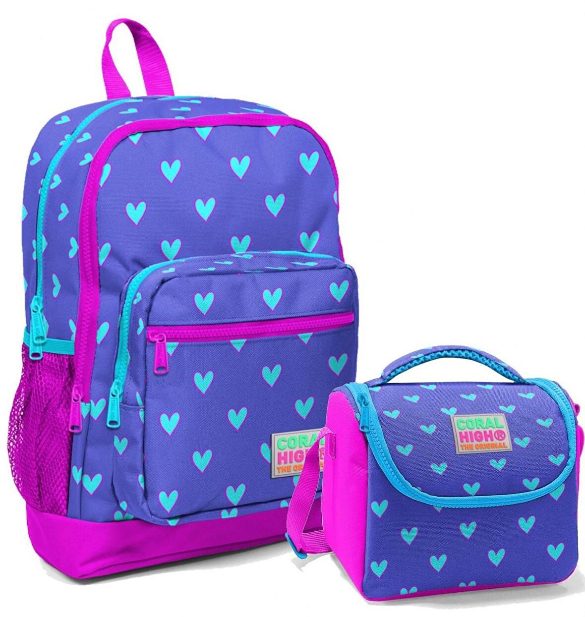 Coral High Pembe Lavanta Kalp Kız Çocuk İlköğretim Okul Sırt Çantası ve Beslenme Çanta Seti