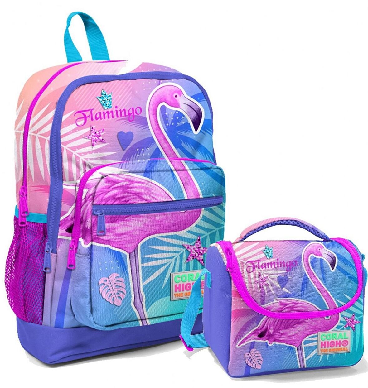 Coral High Pembe Mor Flamingo Kız Çocuk İlköğretim Okul Sırt Çantası ve Beslenme Çanta Seti