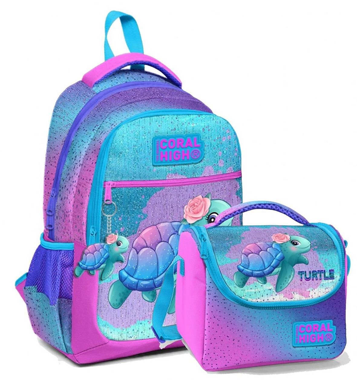 Coral High Okul Sırt ve Beslenme Çantası Seti - Kız Çocuk Pembe Mavi Kaplumbağa