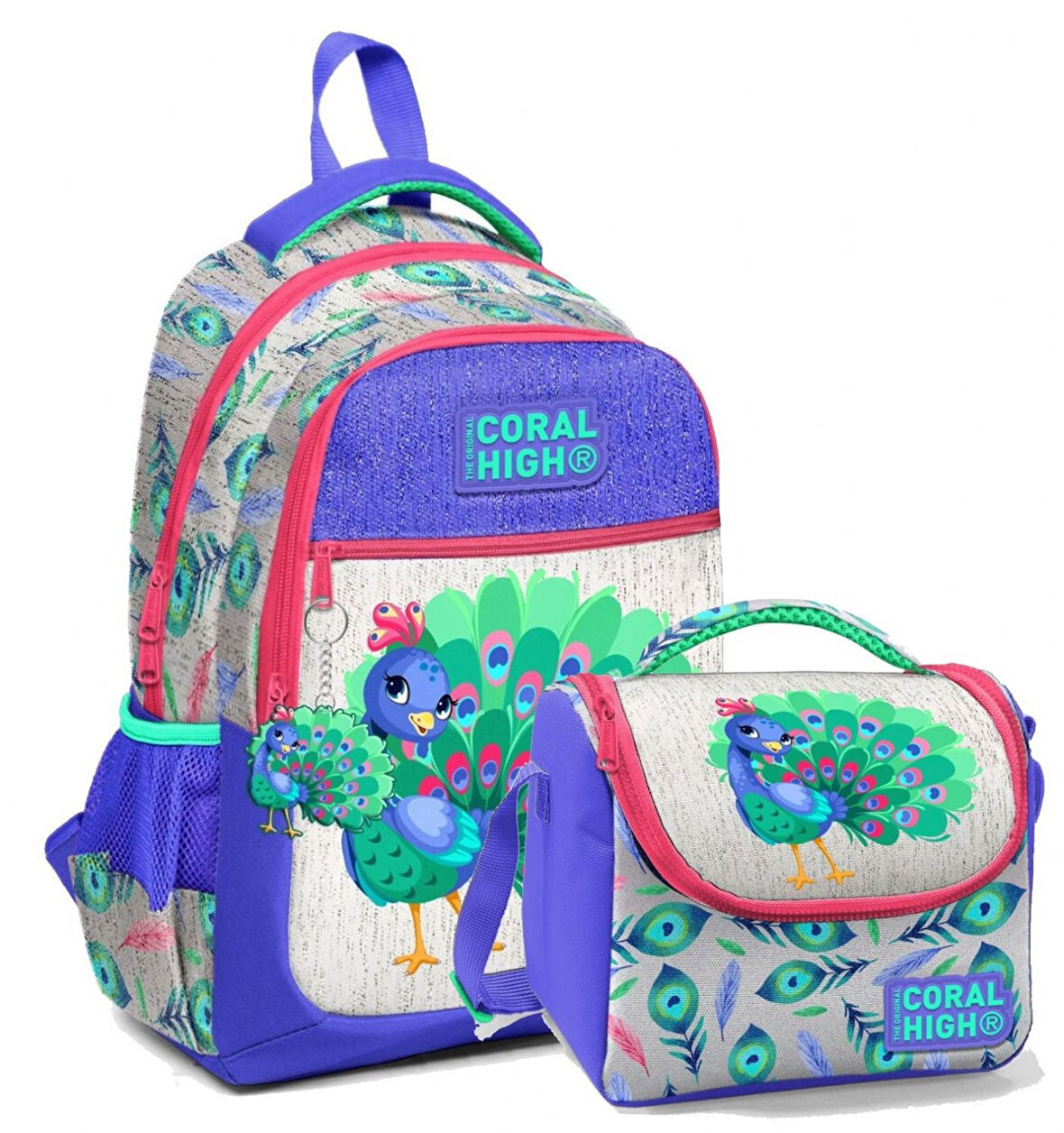 Coral High Okul Sırt ve Beslenme Çantası Seti - Kız Çocuk Mavi Yeşil Tavuskuşu