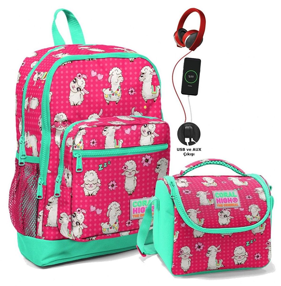 Coral High Okul Çantası ve Beslenme Çantası Seti - Kız Çocuk Yeşil Kırmızı Lama - USB Soketli