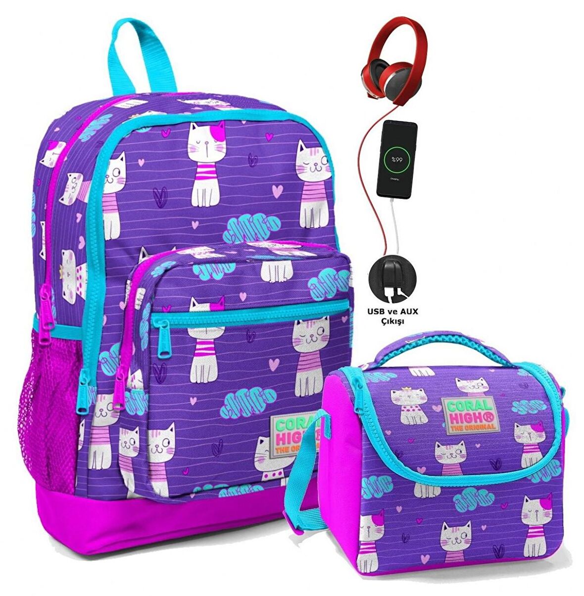 Coral High Kız Çocuk İlkokul Okul Çantası Seti Pembe Mor Kedi
