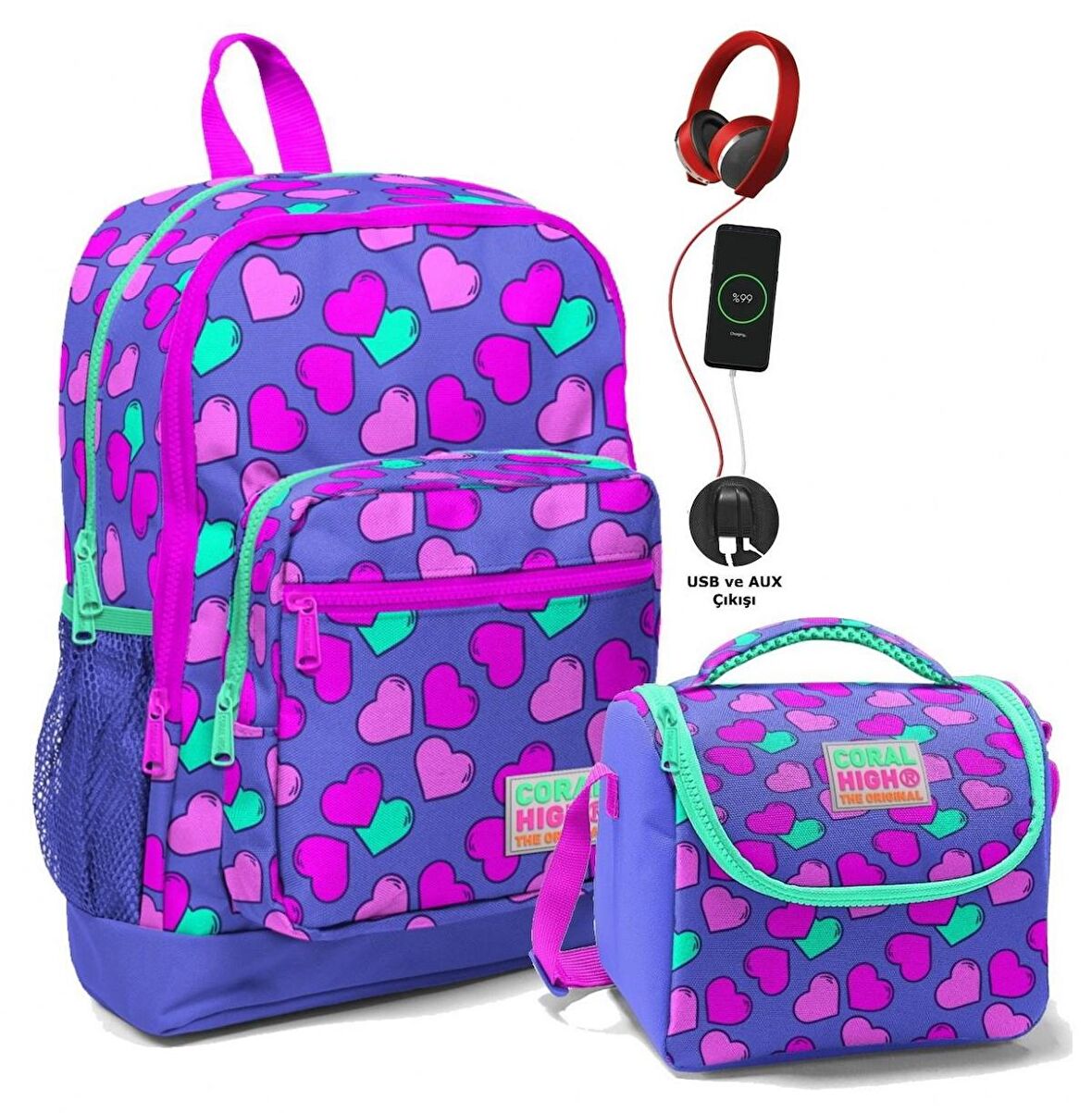 Coral High Okul Çantası ve Beslenme Çantası Seti - Kız Çocuk Lavanta Pembe Kalp - USB Soketli