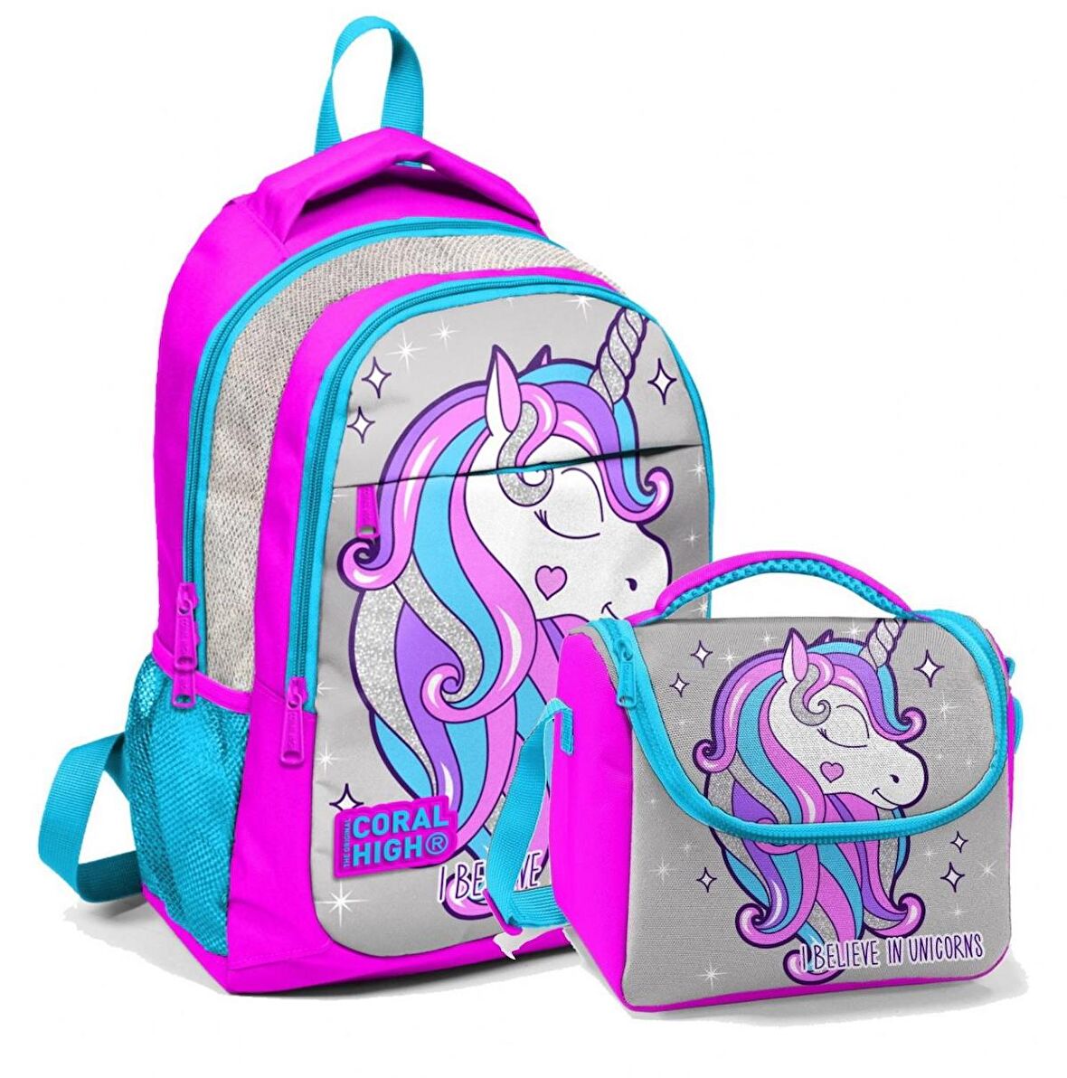 Coral High Okul Sırt Çantası ve Beslenme Çantası Kız Çocuk Gri Unicorn
