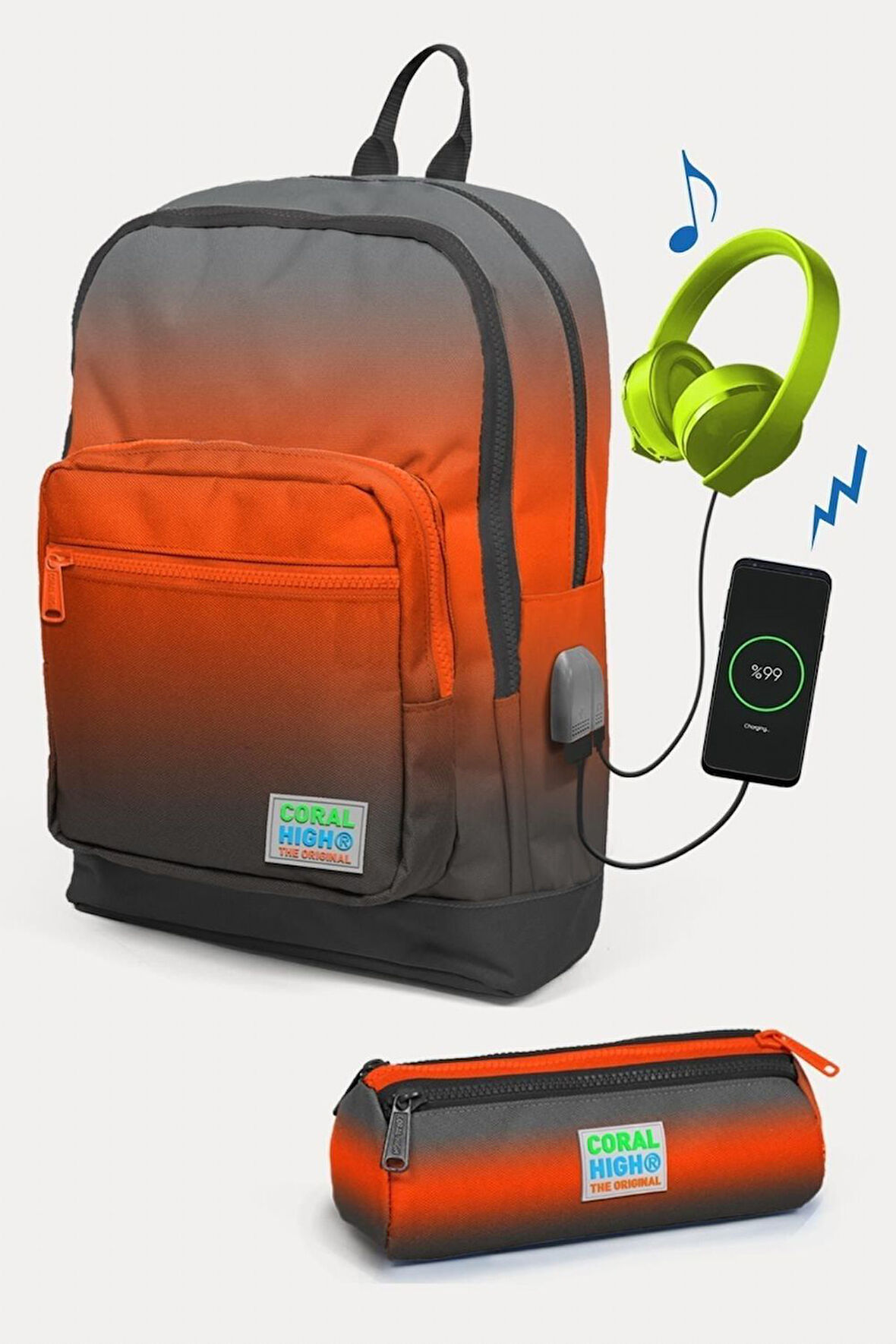 Coral High Kids Gri Turuncu Renk Geçişli USB'li 2'li Okul Çanta Seti - Erkek Çocuk