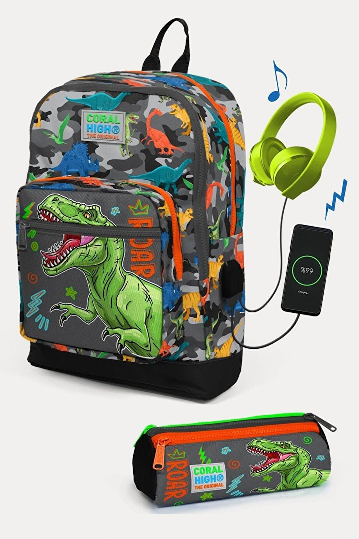 Coral High Kids Siyah Gri Dinozor Desenli USB'li 2'li Okul Çanta Seti - Erkek Çocuk